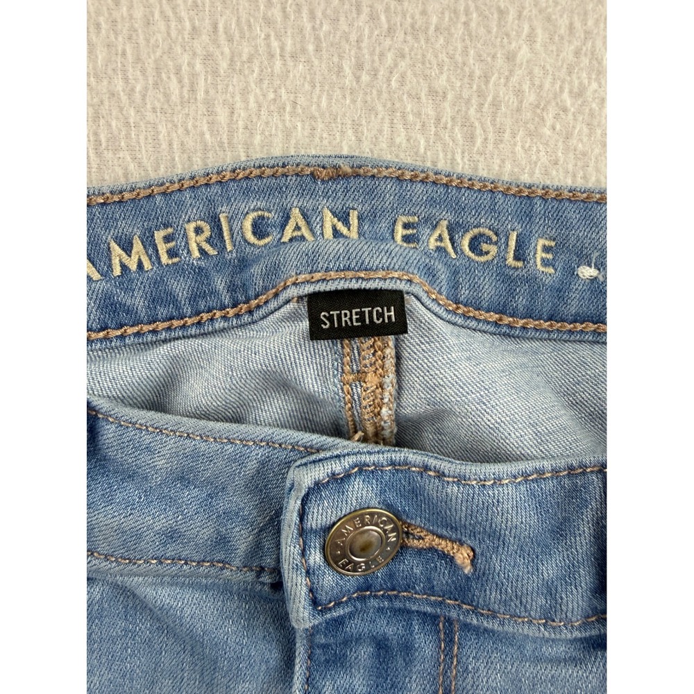American Eagle Super Hi-Rise Flare Jeans Womens 10 Light Wash Distressed Raw Hem - Picture 6 of 10